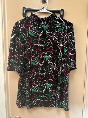 Ann Klein Black Floral Smocked Neck Blouse with Green & Pink Accents